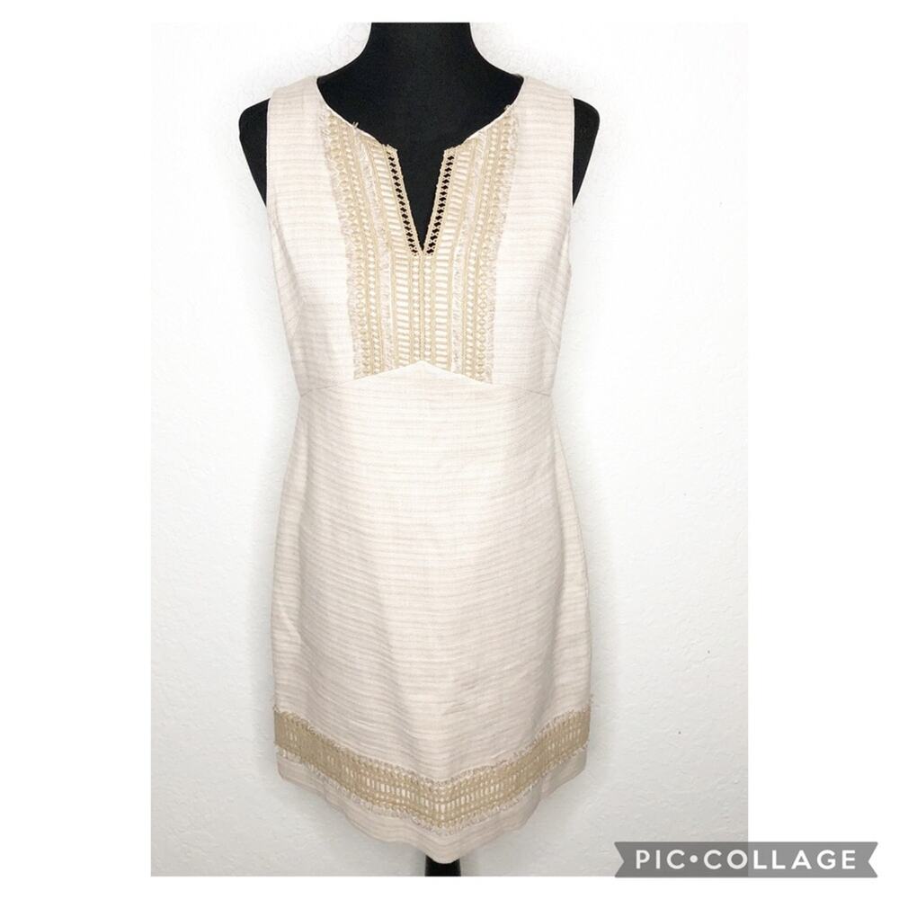 WHBM tan cream fringe trim linen blend sleeveless sheath dress size 8